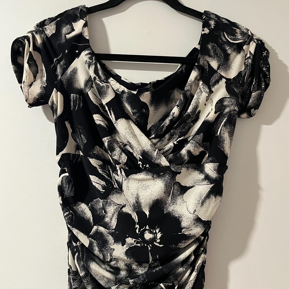 American Living‎ Floral Dress Size 8 Ruched Cap Sleeve Stretch Sheath Midi